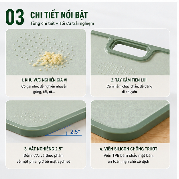 Thớt Nhựa Chống Trượt Kháng Khuẩn PP Chống Tràn Nước, Gia Dụng Nhà Bếp Dùng 2 mặt Bề mặt nhám nhẵn