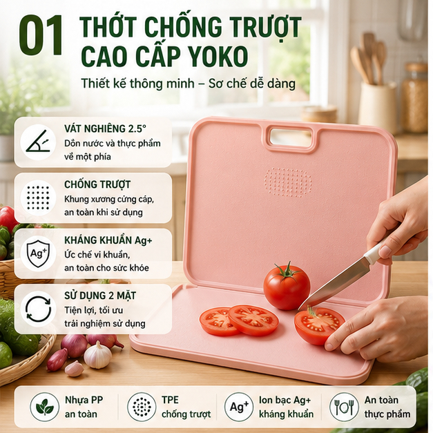 Thớt Nhựa Chống Trượt Kháng Khuẩn PP Chống Tràn Nước, Gia Dụng Nhà Bếp Dùng 2 mặt Bề mặt nhám nhẵn