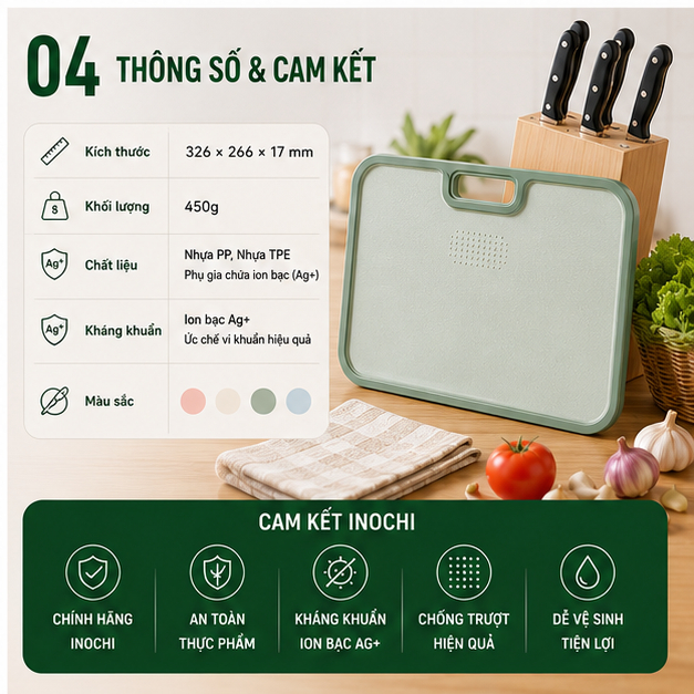 Thớt Nhựa Chống Trượt Kháng Khuẩn PP Chống Tràn Nước, Gia Dụng Nhà Bếp Dùng 2 mặt Bề mặt nhám nhẵn