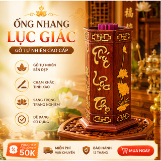 Ống lọ đựng cắm nhang hình lục giác gỗ hương đá chạm khắc chữ Phúc Lộc Thọ. Đồ gỗ phong thuỷ cao cấp