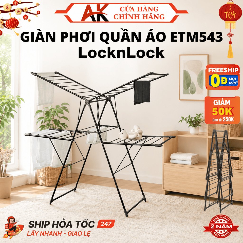 Giá Phơi Quần Áo LocknLock ETM543 Thiết Kế 2 Tầng Gấp Gọn, Chất Liệu Thép Chắc Chắn, An Toàn Sử Dụng