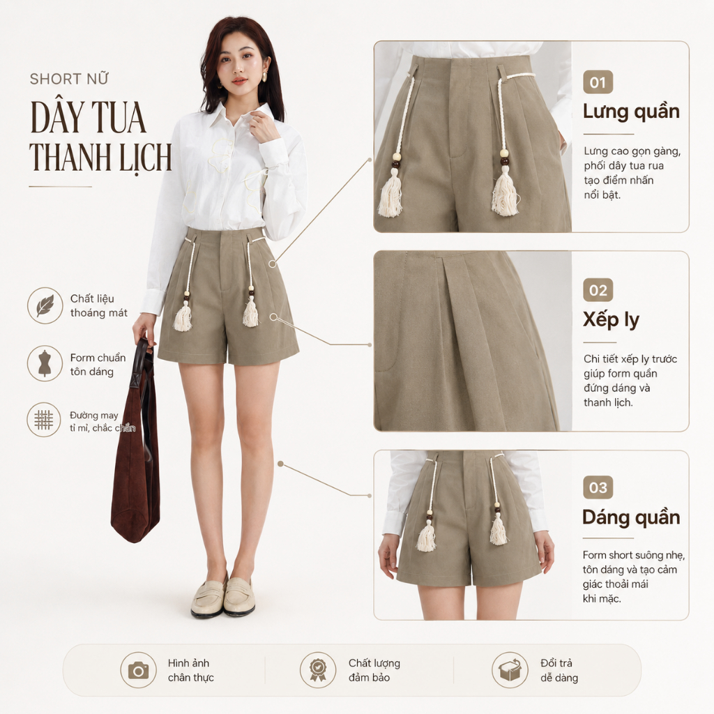 Quần Short Kaki Gmorning - GUMAC Form Suông Rộng Xếp Ly Thân Trước Túi Xéo Tiện Lợi Túi Giả Sau Tinh Tế YSHG06006