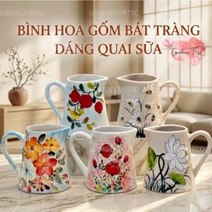 Bình Hoa Gốm Sứ Bát Tràng Dáng Quai Sữa Vẽ Tay Cao 15cm Decor Cắm Hoa Để Bàn GomDecorTSC