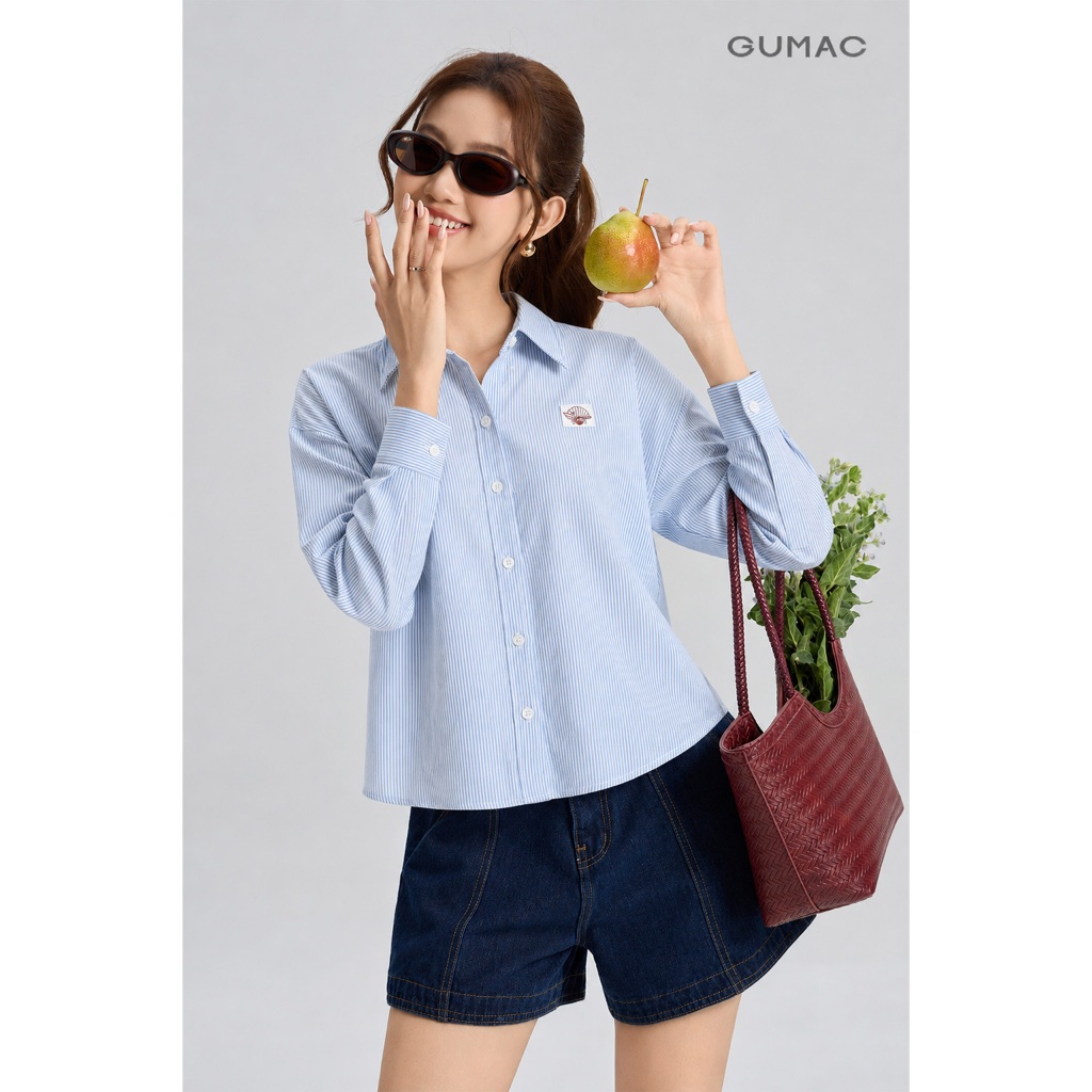 Áo Sơ Mi Nữ Gmorning - GUMAC Form Boxy Tay Dài Đường Chỉ Phối Nâu Hình Thêu Trước Ngực Thanh Lịch Nổi Bật YAG06045