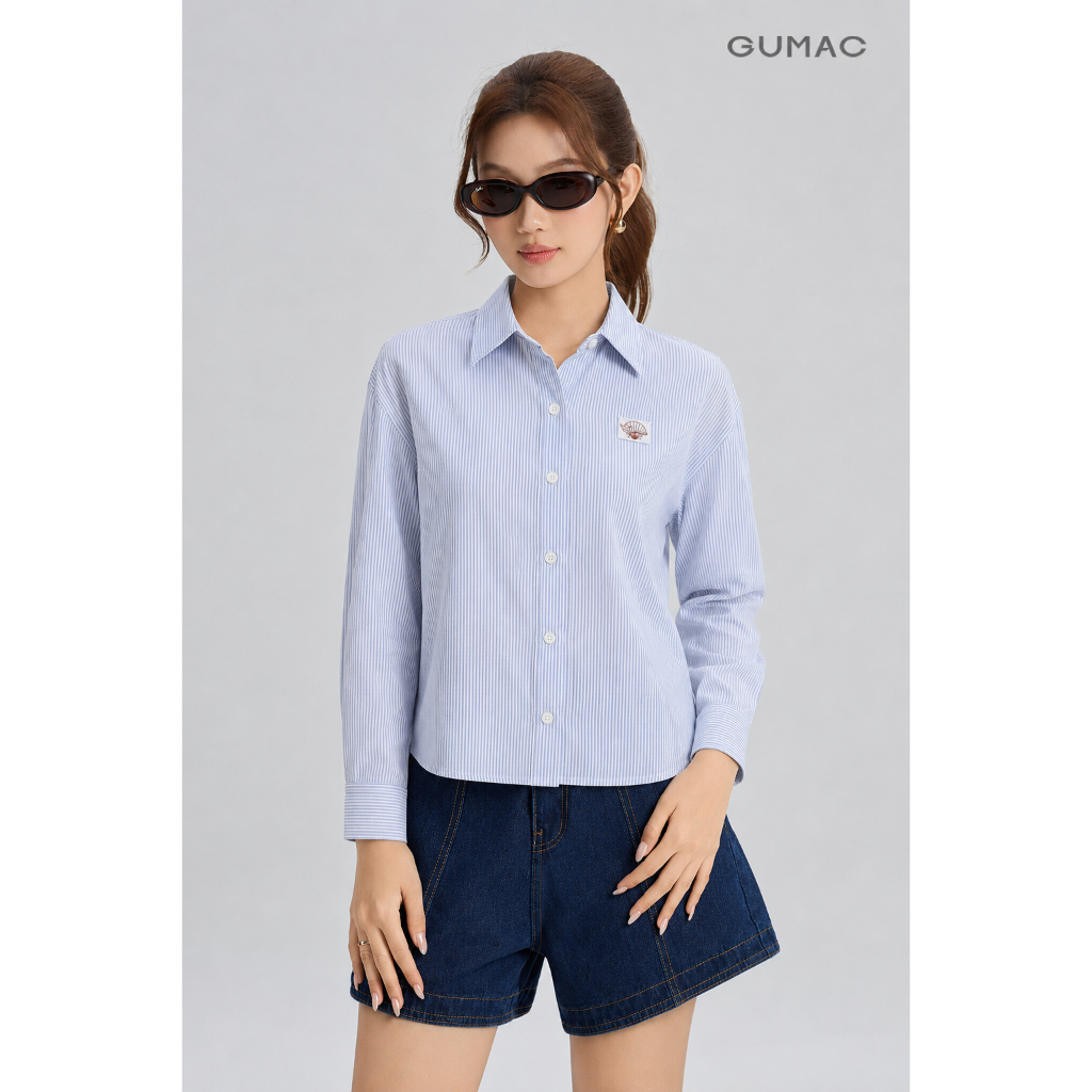 Áo Sơ Mi Nữ Gmorning - GUMAC Form Boxy Tay Dài Đường Chỉ Phối Nâu Hình Thêu Trước Ngực Thanh Lịch Nổi Bật YAG06045