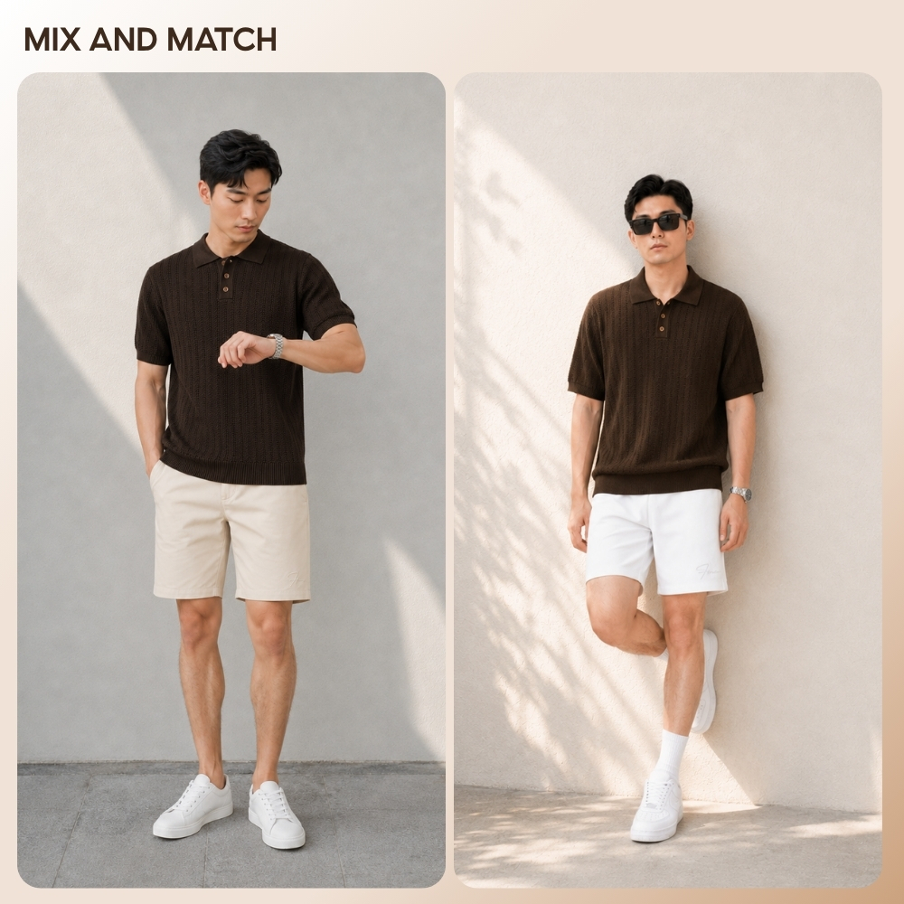 Áo polo MESH dệt kim màu nâu chocolate, bề mặt knit thoáng khí, form regular fit thanh lịch phong cách old money - FEAER