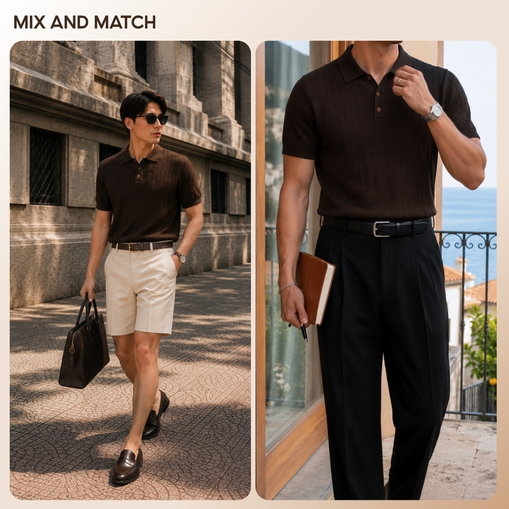 Áo polo MESH dệt kim màu nâu chocolate, bề mặt knit thoáng khí, form regular fit thanh lịch phong cách old money - FEAER