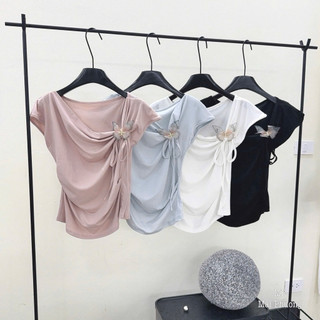 LT - Áo thun nữ cổ đổ, chất cotton zip mềm dúm vạt free size 1678