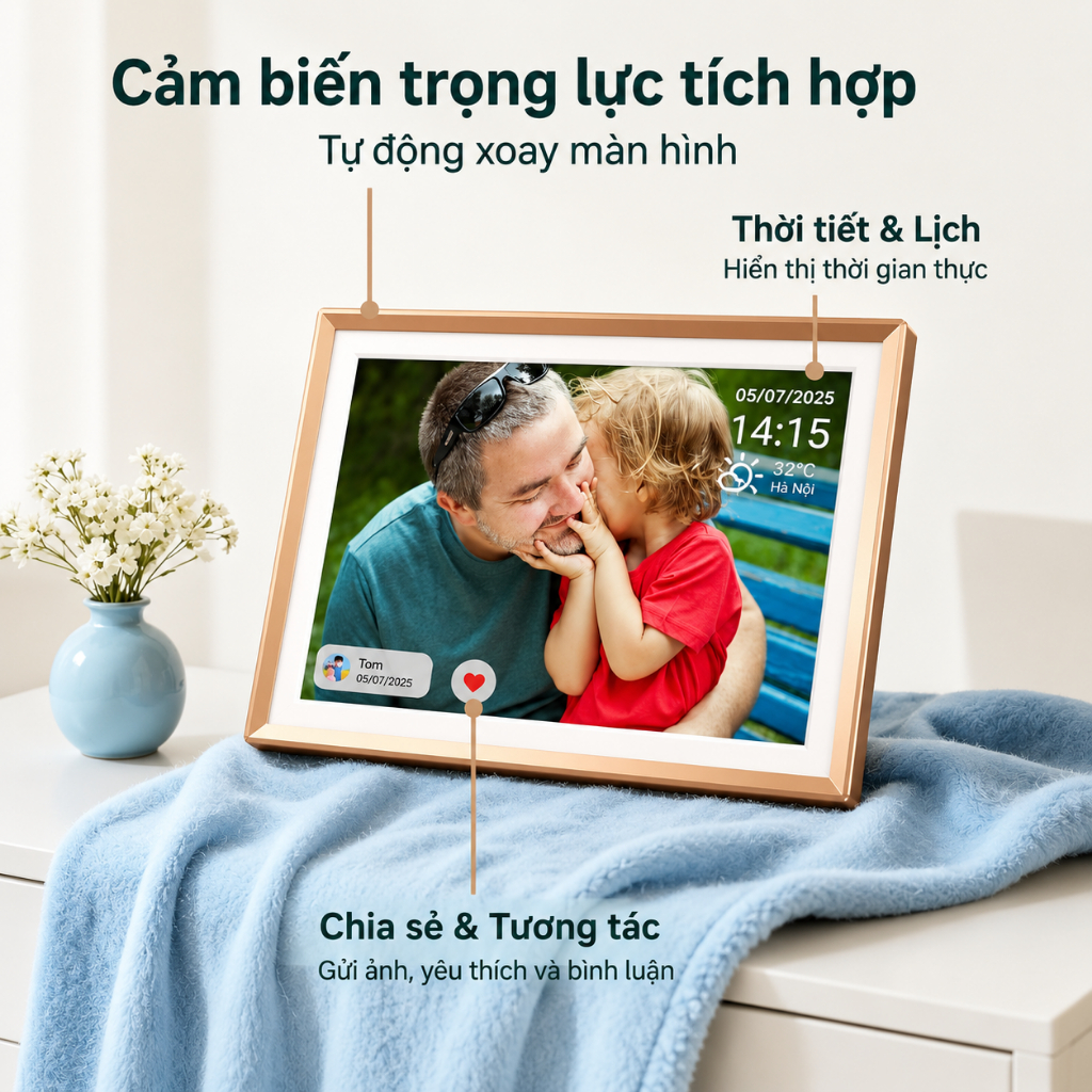 [Hỏa tốc 1H HCM] Khung ảnh/video kỹ thuật số ARZOPA D14 Champagne Gold WiFi 14" | Cảm ứng IPS, Bộ nhớ 32GB, Tự động xoay