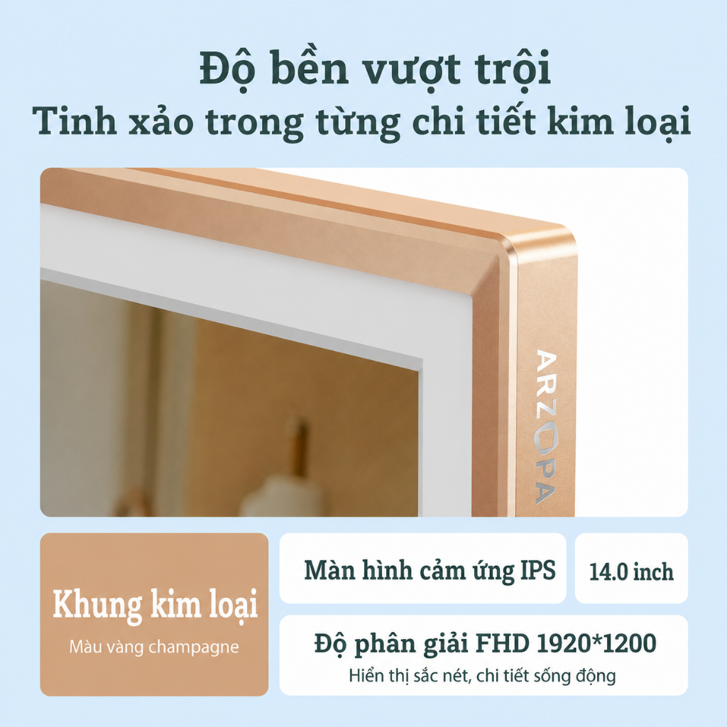 [Hỏa tốc 1H HCM] Khung ảnh/video kỹ thuật số ARZOPA D14 Champagne Gold WiFi 14" | Cảm ứng IPS, Bộ nhớ 32GB, Tự động xoay