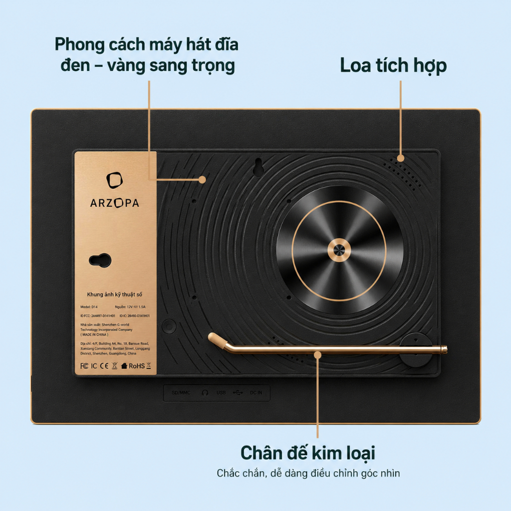 [Hỏa tốc 1H HCM] Khung ảnh/video kỹ thuật số ARZOPA D14 Champagne Gold WiFi 14" | Cảm ứng IPS, Bộ nhớ 32GB, Tự động xoay