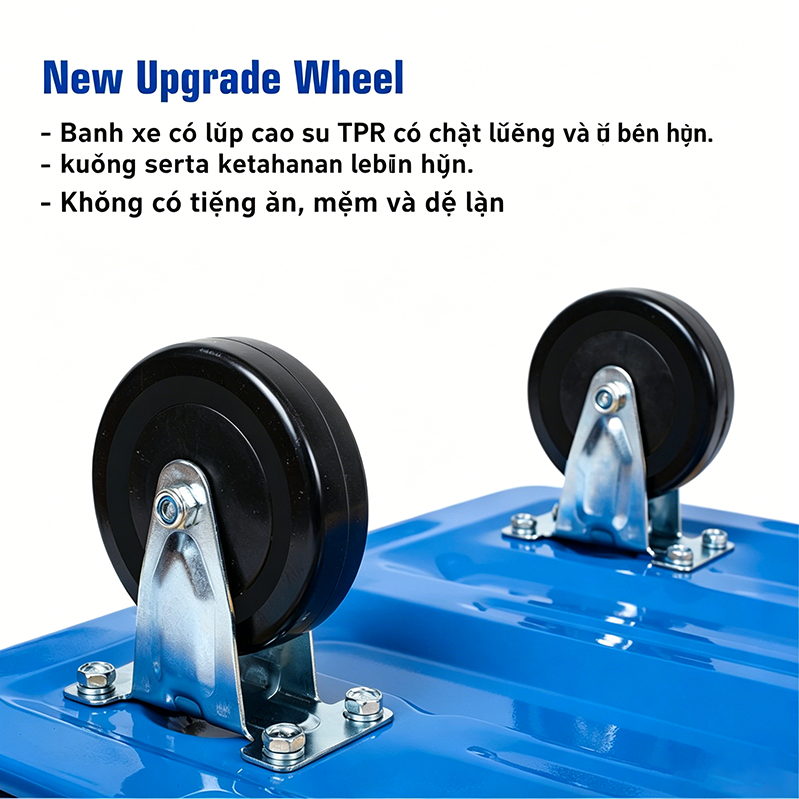Xe đẩy hàng 4 bánh gập gọn 300kg nhập khẩu bánh cao su siêu bền, xe kéo hàng xếp gọn sàn thép