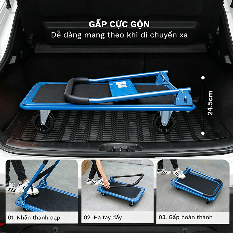 Xe đẩy hàng 4 bánh gập gọn 300kg nhập khẩu bánh cao su siêu bền, xe kéo hàng xếp gọn sàn thép