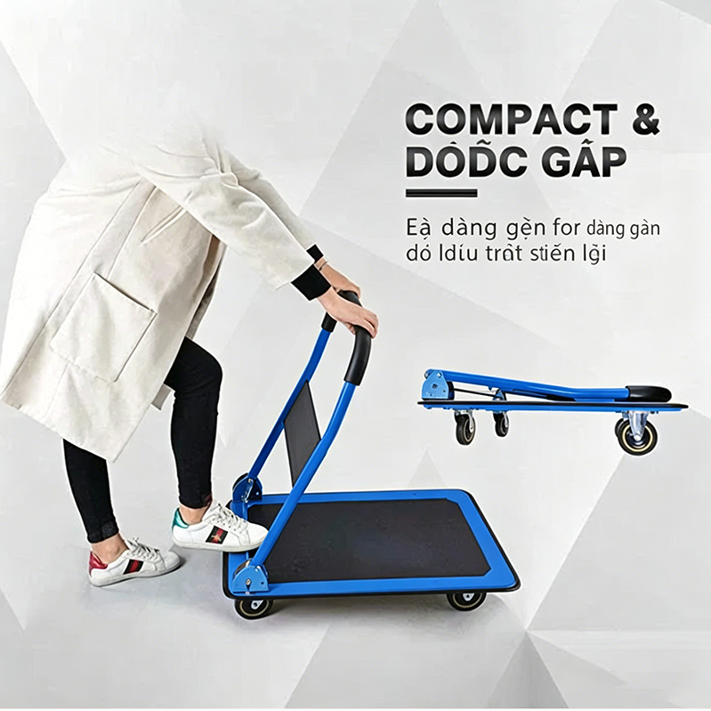 Xe đẩy hàng 4 bánh gập gọn 300kg nhập khẩu bánh cao su siêu bền, xe kéo hàng xếp gọn sàn thép