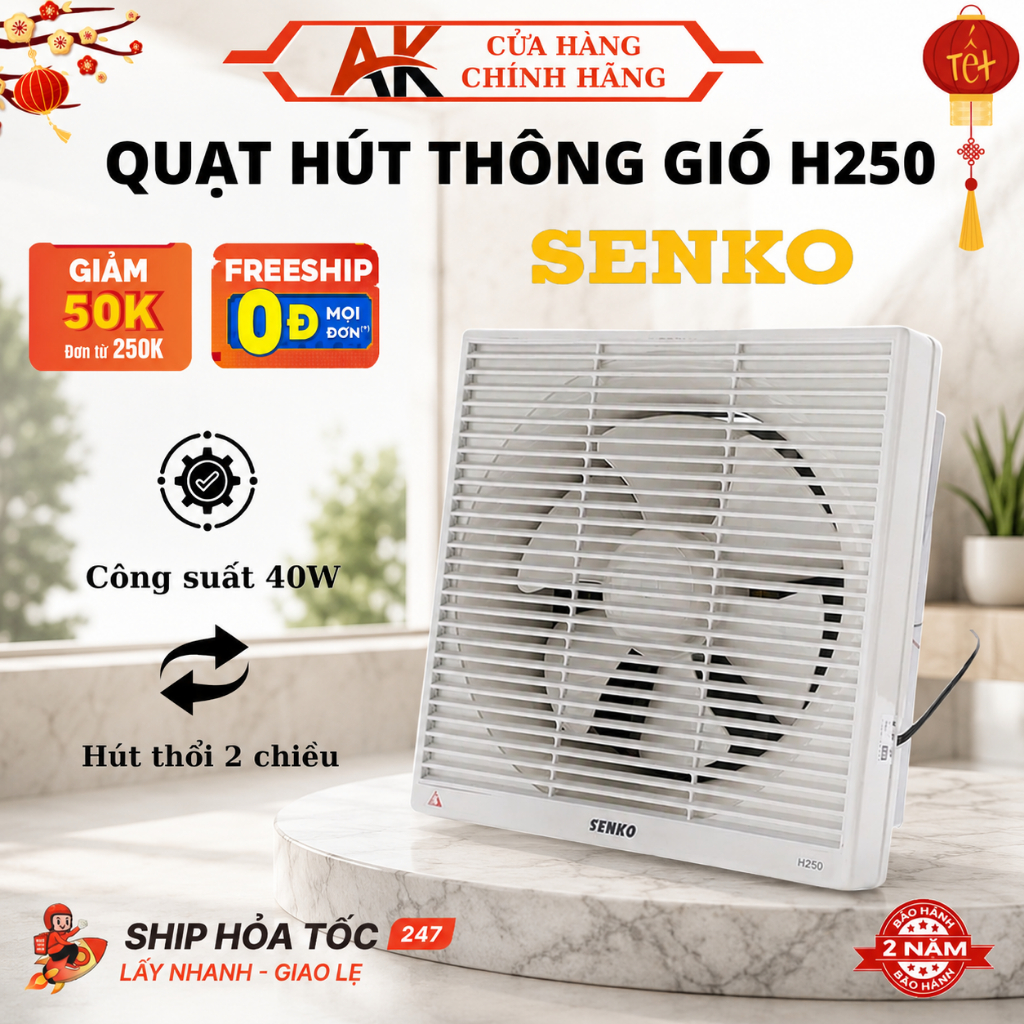 Quạt Hút Mùi Senko H250 Thông Gió 2 Chiều, Công Suất Lớn, Dễ Dàng Lắp Đặt Và Vệ Sinh, Bảo Hành 2 Năm
