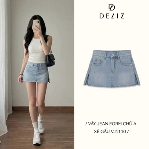 DELIZ - Váy jean nữ cạp cao dáng chữ A xẻ gấu tôn dáng phong cách Hàn Quốc dễ phối đồ VJ1110 (đã cắt sẵn khuy)