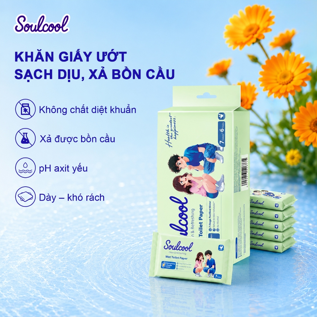 Soulcool Khăn Giấy Ướt Vệ Sinh – Không Chất Diệt Khuẩn – Tan Trong Nước, Xả Bồn Cầu – Không Cồn, Dịu Nhẹ – 7 Tờ/Gói