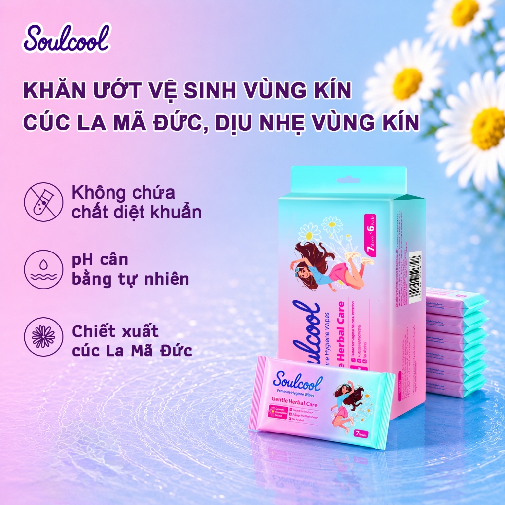 Soulcool Khăn Ướt Vệ Sinh Phụ Nữ – Không Cồn, Không Kháng Sinh – Dịu Nhẹ Làm Sạch – Giảm Mùi – 10 Tờ