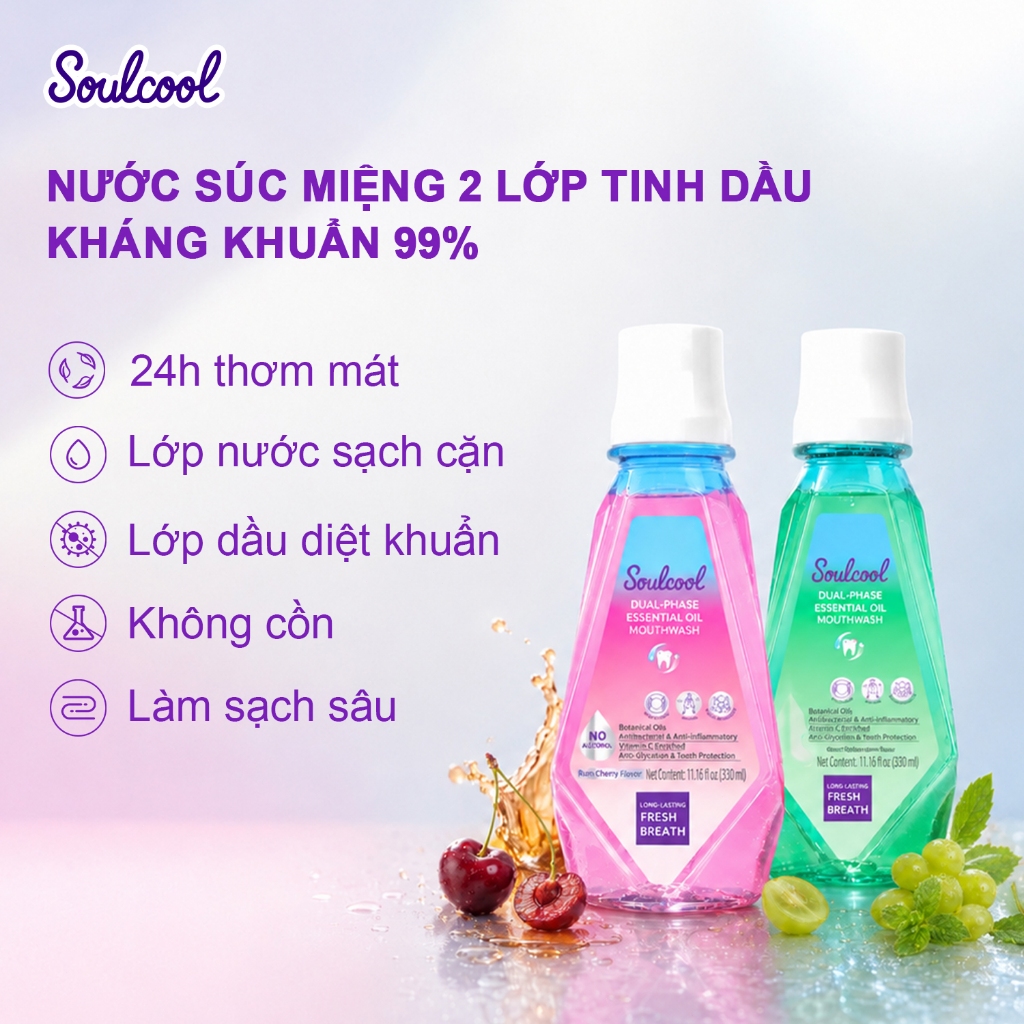Soulcool Combo nước súc miệng tinh dầu không cay rát 3 Không không cồn thơm mát 24h diệt khuẩn đánh bay mảng bám trắng r
