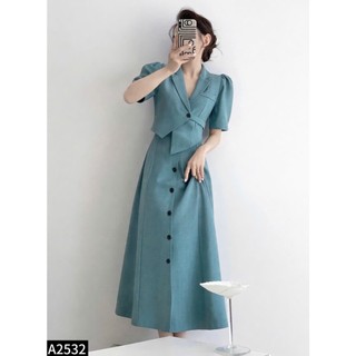 Set áo cổ vest vạt lệch phối chân váy đính cúc vải xước lạnh A2532