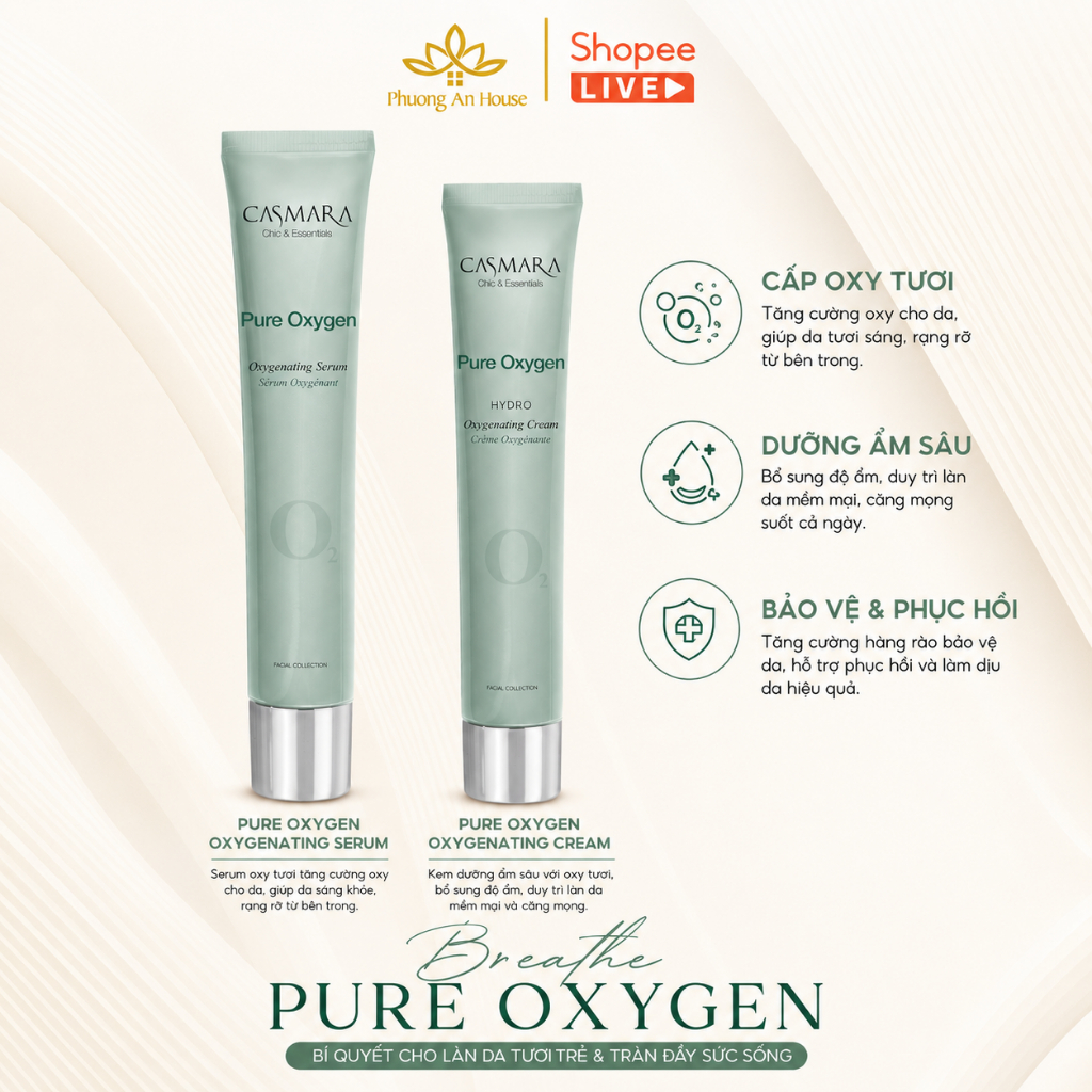 Bộ Đôi Casmara Pure Oxygen O2 Serum & Kem Dưỡng Cấp Oxy Dưỡng Ẩm Làm Sáng Da Chính Hãng