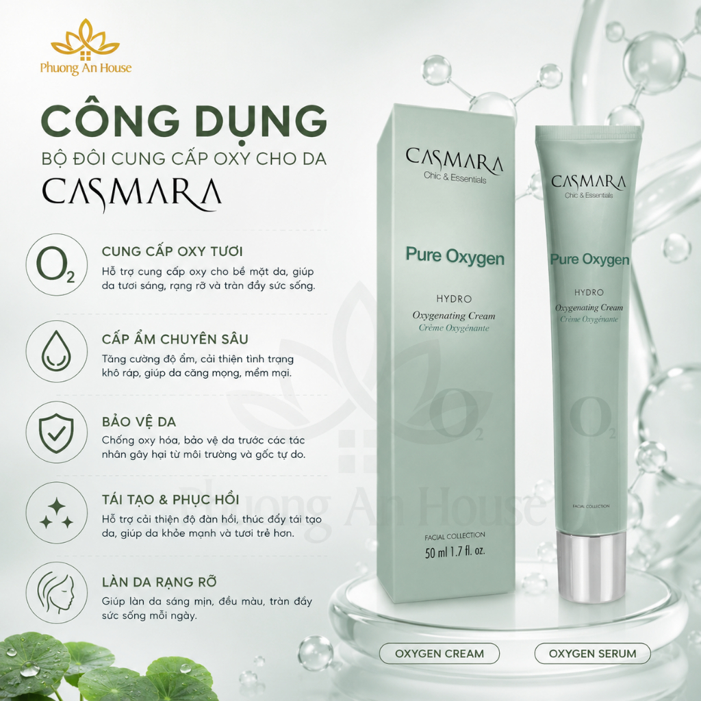 Bộ Đôi Casmara Pure Oxygen O2 Serum & Kem Dưỡng Cấp Oxy Dưỡng Ẩm Làm Sáng Da Chính Hãng