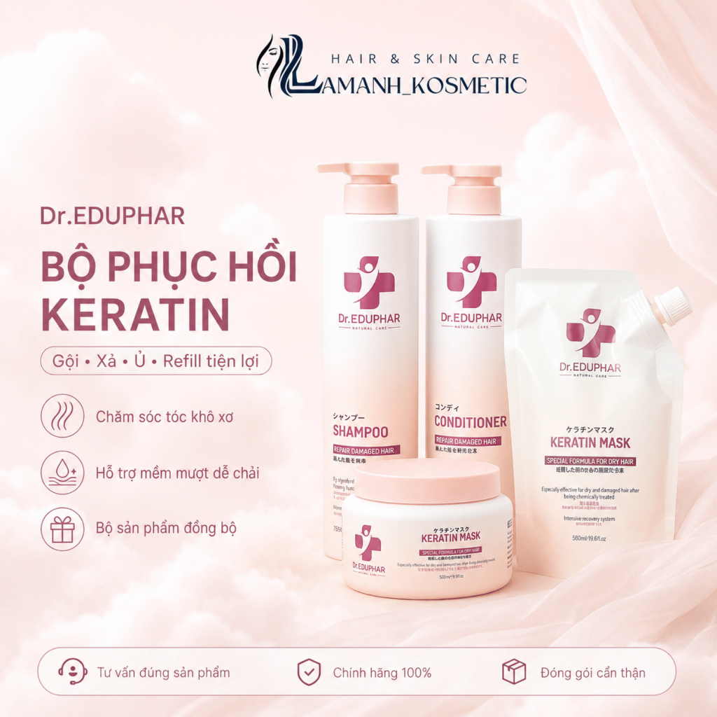 Bộ Gội Xả Ủ Tóc Dr.EDUPHAR Keratin 750ml/500ml | Chăm Sóc Tóc Khô Xơ, Mềm Mượt Dễ Chải.