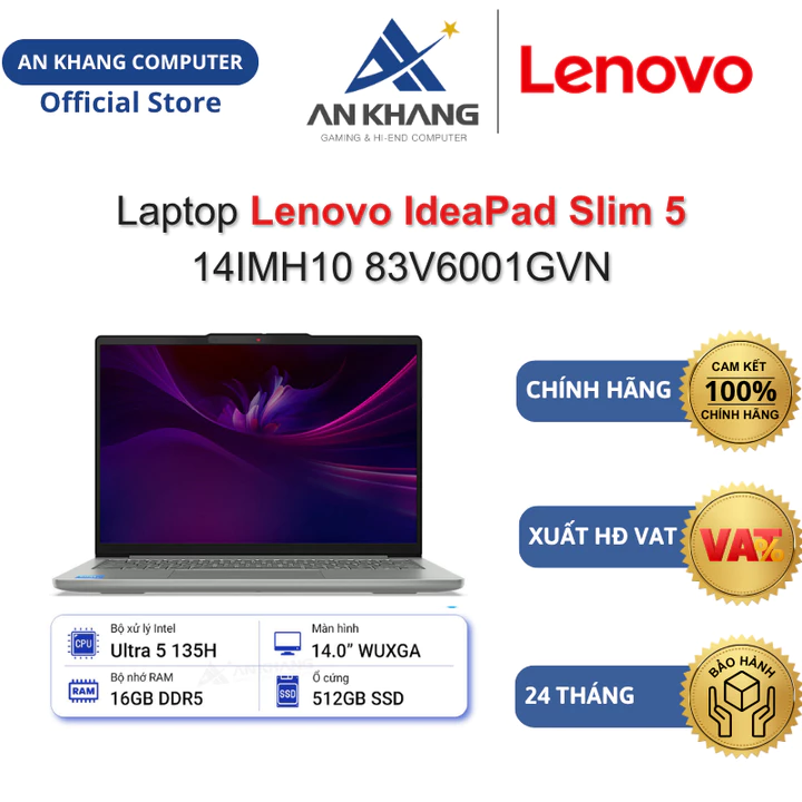 Laptop Lenovo IdeaPad Slim 5 14IMH10 83V6001GVN (Ultra 5-135H, 16GB, 512GB SSD, 14" WUXGA, W11) Chính hãng BH 24 Tháng