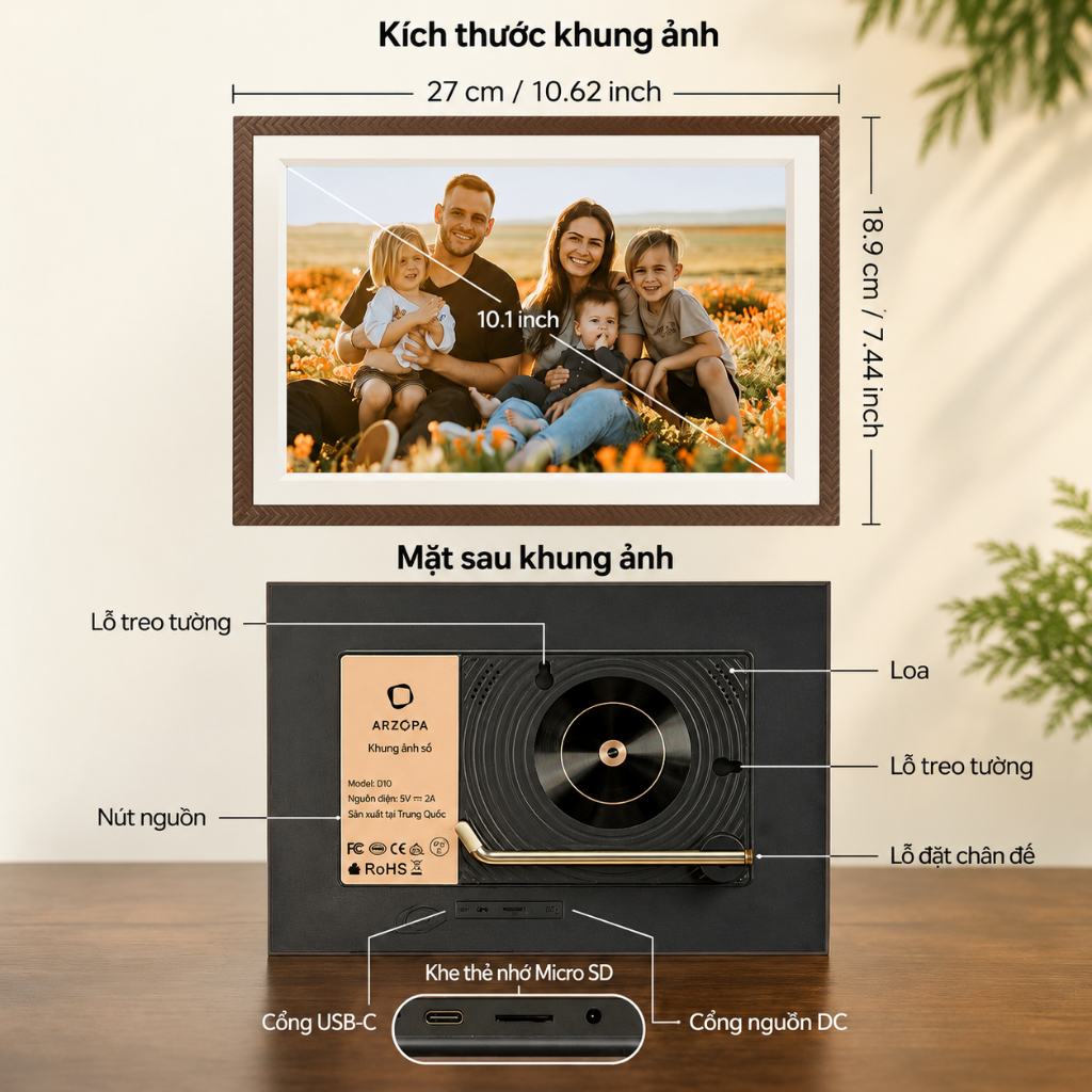 Khung ảnh/ video kỹ thuật số ARZOPA D10 WiFi 10.1" Cảm ứng IPS HD 1280x800,Bộ nhớ 32GB,Tự động xoay