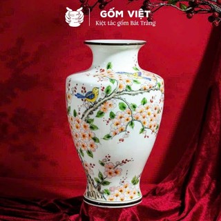 Bình, lọ hoa vẽ tay họa tiết chim bay lượn trên cành đào - Gốm sứ Bát Tràng - Gốm Việt Pottery
