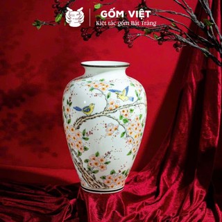Bình, lọ hoa vẽ tay họa tiết chim bay lượn trên cành đào - Gốm sứ Bát Tràng - Gốm Việt Pottery