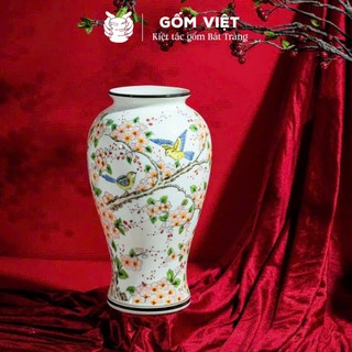 Bình, lọ hoa vẽ tay họa tiết chim bay lượn trên cành đào - Gốm sứ Bát Tràng - Gốm Việt Pottery