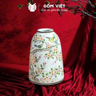 Bình, lọ hoa vẽ tay họa tiết chim bay lượn trên cành đào - Gốm sứ Bát Tràng - Gốm Việt Pottery