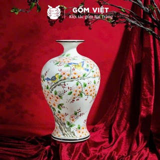 Bình, lọ hoa vẽ tay họa tiết chim bay lượn trên cành đào - Gốm sứ Bát Tràng - Gốm Việt Pottery