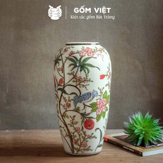 Bình, lọ hoa vẽ tay họa tiết chim én đậu giữa vườn hoa ngũ sắc cao cấp - Gốm sứ Bát Tràng - Gốm Việt
