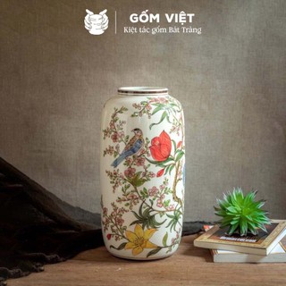 Bình, lọ hoa vẽ tay họa tiết chim én đậu giữa vườn hoa ngũ sắc cao cấp - Gốm sứ Bát Tràng - Gốm Việt