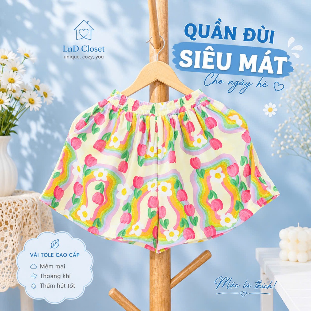 Quần đùi nữ dễ thương mặc nhà chất vải tole (lanh) thoáng mát - LnD Closet
