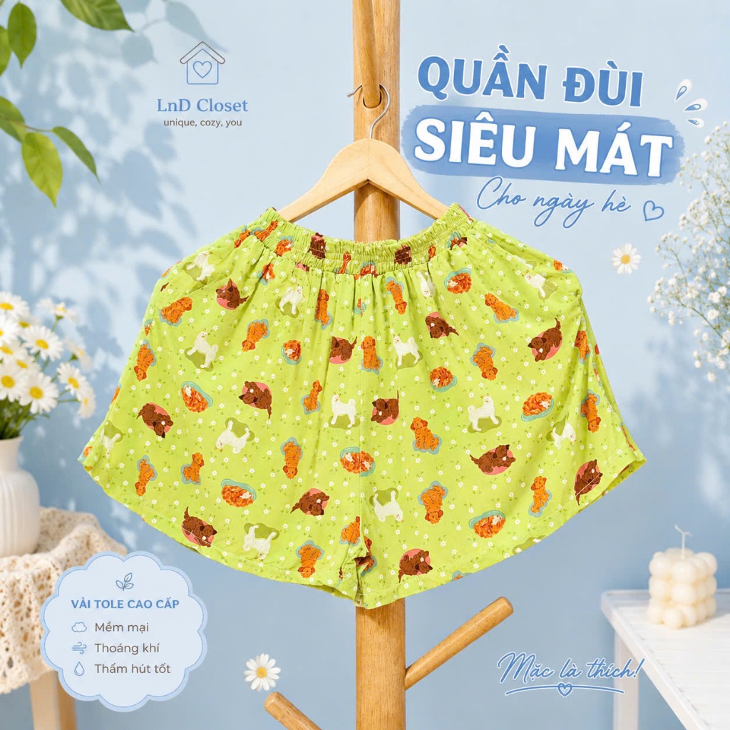 Quần đùi nữ dễ thương mặc nhà chất vải tole (lanh) thoáng mát - LnD Closet