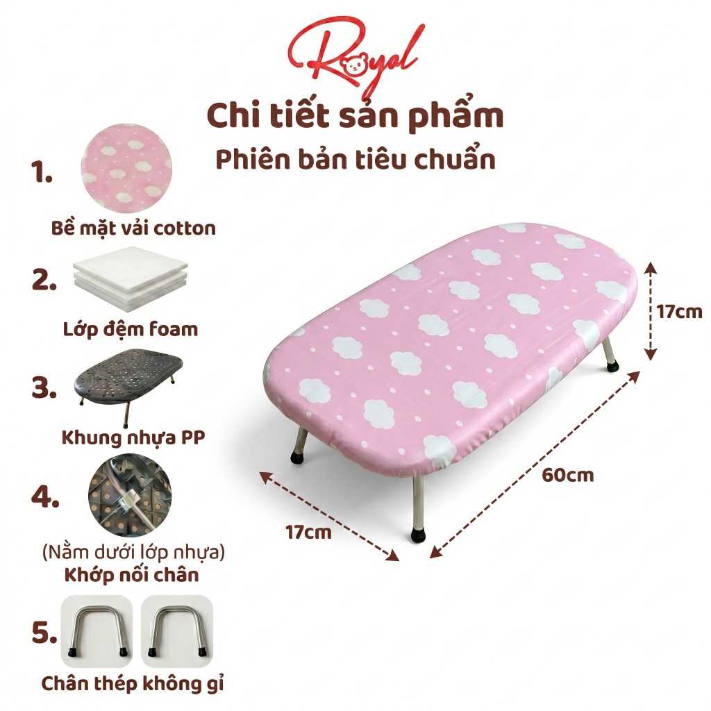 Bàn Để Ủi Quần Áo Royal Kích Thước Nhỏ Dễ Dàng Cất Gọn Giúp Tối Ưu Không Gian Kèm Lớp Lót Cotton Chống Bỏng