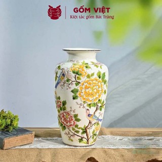 Bình, lọ hoa vẽ tay họa tiết chim phượng hoàng đậu giữa vườn hoa phú quý cao cấp - Gốm sứ Bát Tràng - Gốm Việt