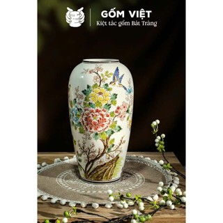 Bình, lọ hoa vẽ tay họa tiết chim phượng hoàng đậu giữa vườn hoa phú quý cao cấp - Gốm sứ Bát Tràng - Gốm Việt