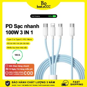 ★100W Dây sạc nhanh 3 in 1 Type C 3 đầu★ Cáp sạc 3 trong 1 Type C to iP + Micro + USB C, PD/5V/9V/1A/2A/3A/20w/30w 3 dây