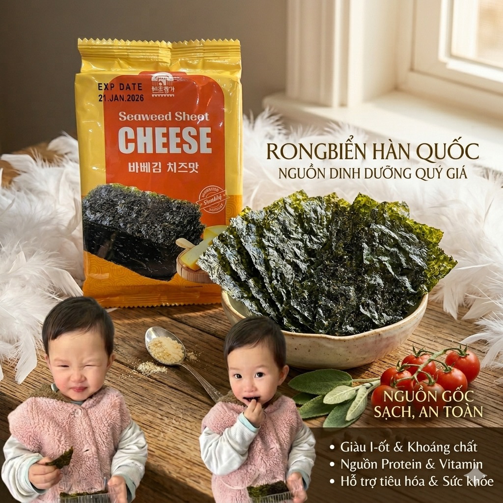 COMBO Rong Biển Ăn Liền Cho Bé Vị Phô Mai Hàn Quốc Thơm Ngon Ăn Dặm Cuộn Cơm (Bịch 3 Gói, Gói 4g)