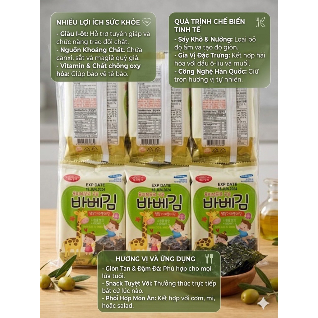COMBO Rong Biển Ăn Liền Cho Bé BarbeKim Baby Kim Vị Oliu Ăn Dặm Hàn Quốc(Lốc 3 gói, Gói 4g)