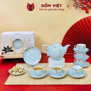 Bộ ấm chén vân đá dáng bưởi lửa vẽ nổi thủ công cành mận, sen trắng - Gốm sứ Bát Tràng - Gốm Việt