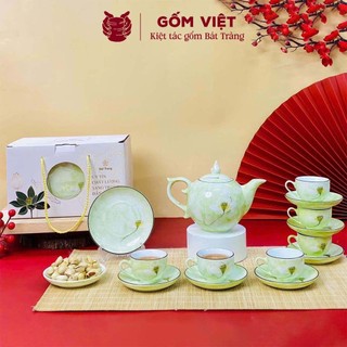 Bộ ấm chén vân đá dáng bưởi lửa vẽ nổi thủ công cành mận, sen trắng - Gốm sứ Bát Tràng - Gốm Việt