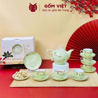Bộ ấm chén vân đá dáng bưởi lửa vẽ nổi thủ công cành mận, sen trắng - Gốm sứ Bát Tràng - Gốm Việt