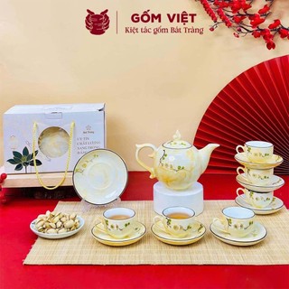 Bộ ấm chén vân đá dáng bưởi lửa vẽ nổi thủ công cành mận, sen trắng - Gốm sứ Bát Tràng - Gốm Việt