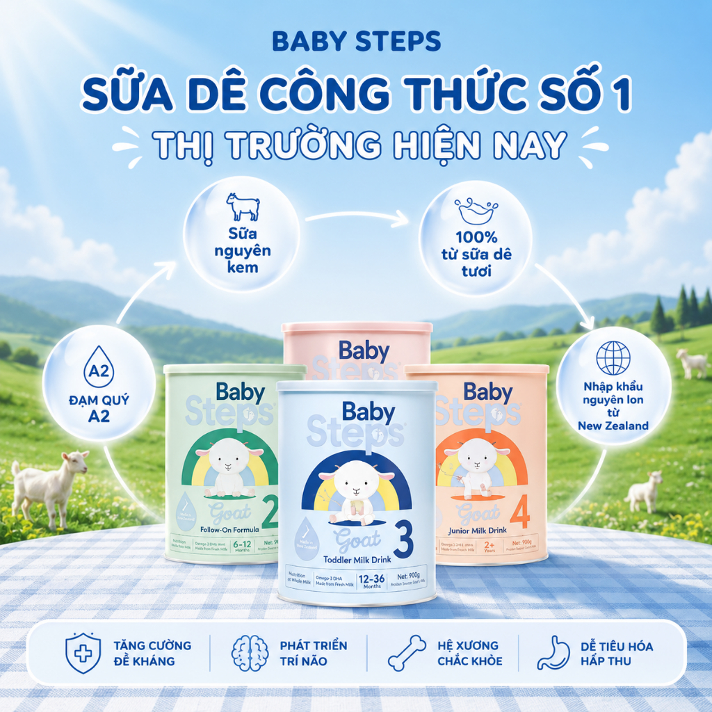 Sữa dê Baby Steps New Zealand giúp bé phát triển toàn diện, tăng cường miễn dịch 900g
