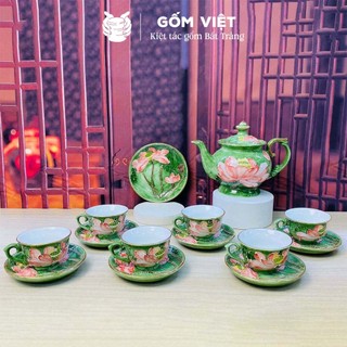 Bộ ấm chén vân đá dáng cát tường đắp nổi đài sen viền vàng kim - Gốm sứ Bát Tràng - Gốm Việt